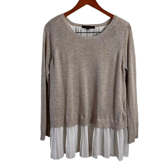 Fever Sweater Size Large Tan Oatmeal Sand Pleated Ruffle Hem Long Sleeves Knit - Picture 1 of 5
